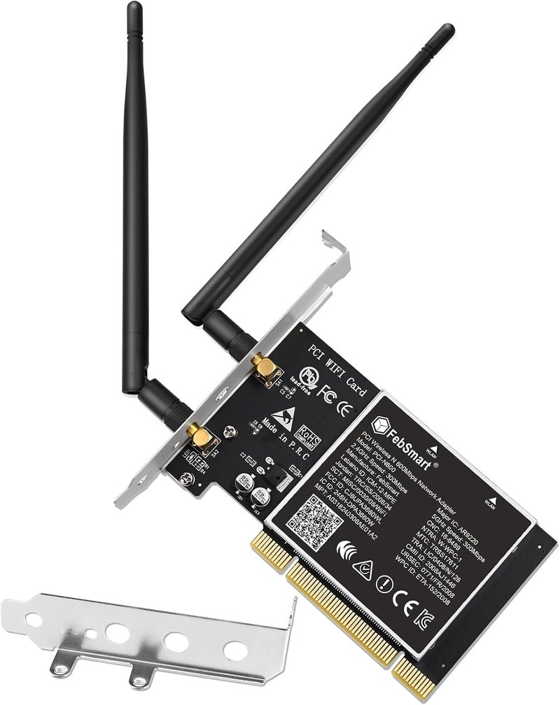 FebSmart Wireless N Dual Band 600Mbps (2.4GHz 300Mbps or 5GHz 300Mbps) PCI WiFi Adapter for Windows 11, 10, 8.x, 7, XP (32/64bit) and Windows Server Desktop PCs, PCI Interface WiFi Card (PCI-N600) - Image 1